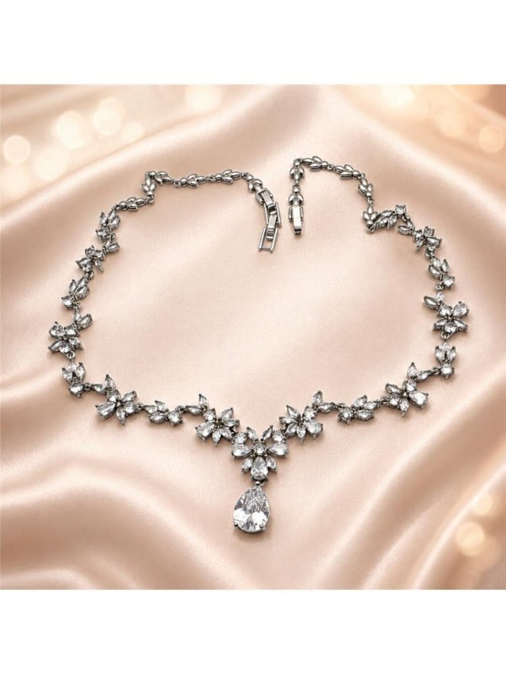 Silver Tone Clear CZ Teardrop Floral Crystal Statement Necklace Adjustable 18"